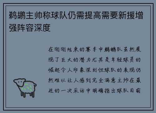 鹈鹕主帅称球队仍需提高需要新援增强阵容深度