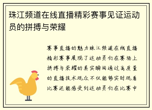 珠江频道在线直播精彩赛事见证运动员的拼搏与荣耀